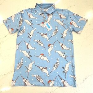Proud 90 NEW Golf Polo Mens Small Blue Christmas Narwhal Holiday Party Shirt